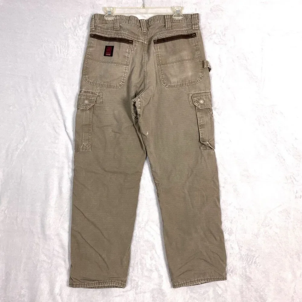 Wrangler Cargo Ripstop Pants Mens 34x31 Khaki Workwear Utility Fleece Lined